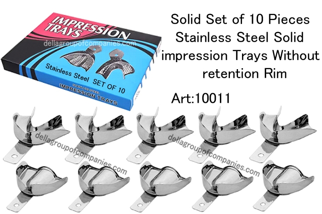 Solid Set of 10 Pieces Stainless Steel Solid impression trays without retention Rim