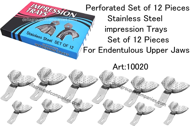 Perforated Set of 12 Pieces Stainless Steel impression trays  For Endentulous Upper Jaw