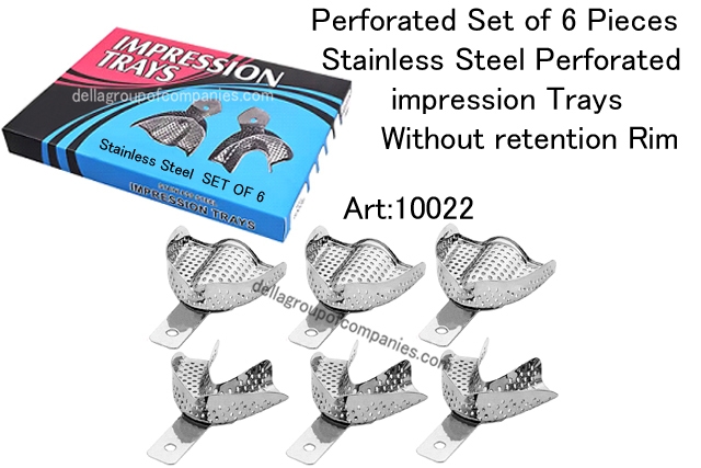 Perforated Set of 6 Pieces Stainless Steel Perforated impression trays without retention Rim