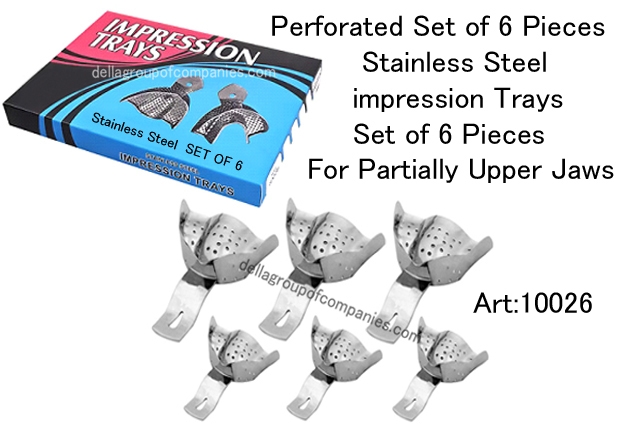 Perforated Set of 6 Pieces Stainless Steel impression trays.  For Partially Upper Jaws