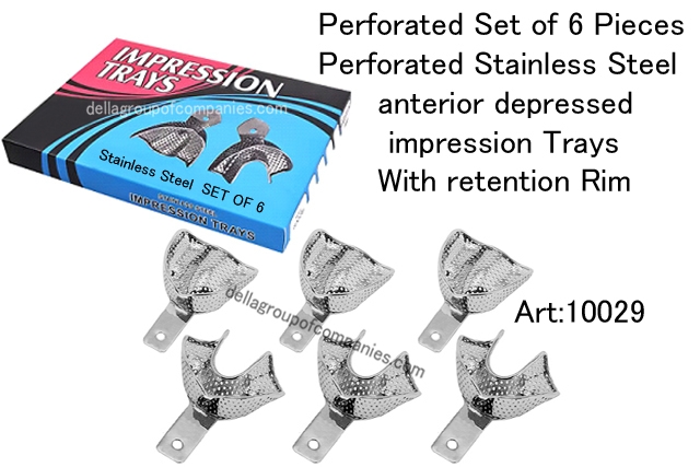 Perforated Set of 6 Pieces anterior depressed impression trays with retention Rim