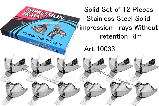 Solid Set of 12 Pieces Stainless Steel Solid impression trays without retention Rim